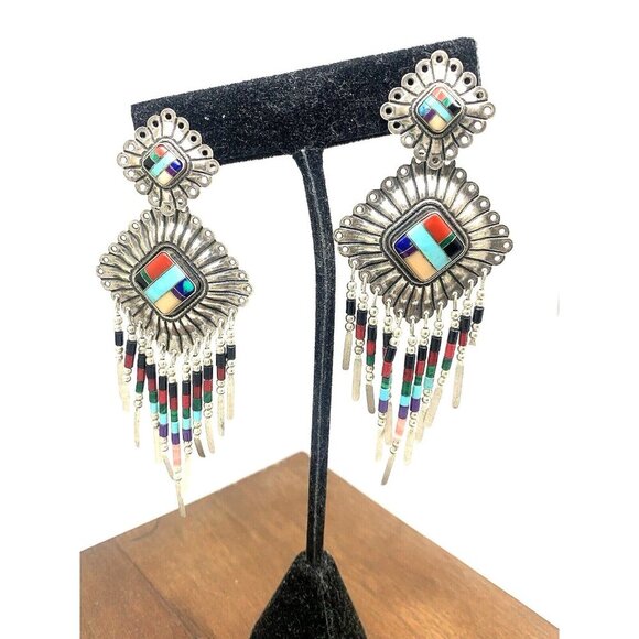 Dangle Earrings Native American Sterling Silver Gemstone Women's Estate Jewelry - Picture 1 of 12